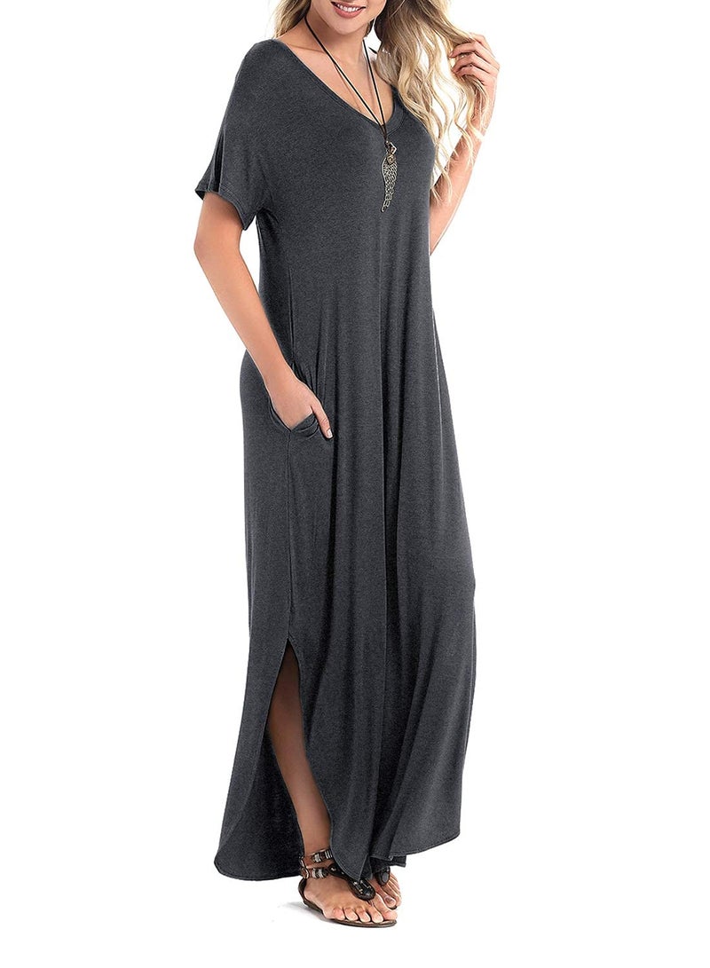 Arolina Women Summer Maxi Dress Short Sleeve V Neck Casual Loose Long Split Dresses Beach Vacation Sundress with Pockets Dark Grey - Image 3